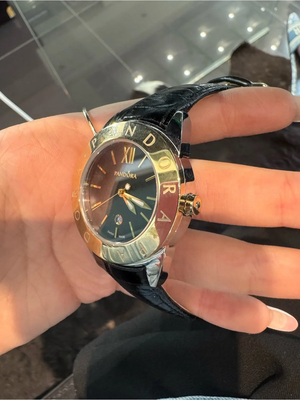 Authentic Pandora Imagine Grand Gold-Tone & Black Leather Swiss Quartz Watch